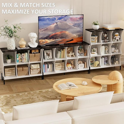 8 Cube Book Shelf, Low and Short Bookshelf, Long Cube Storage Organizer Wood TV Stand, Toy Organization DVD Cabinets for Living Room, Office, Bedroom, Dorm, White with Dark Brown Top
