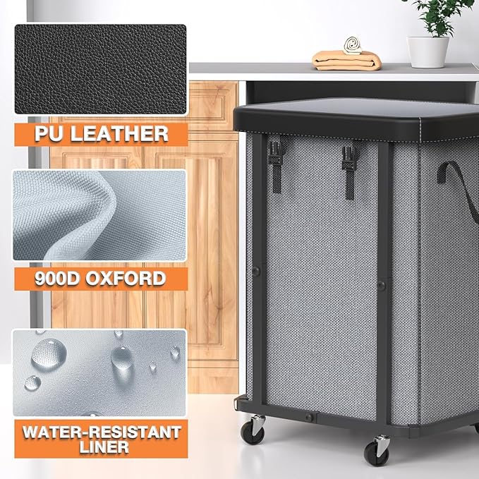 150L (40 Gal) Large Fashion Laundry Basket with Wheels, Leather Patchwork Rolling Hamper Carts, Sturdy Metal Frame, Removable Washable Bag, Tall Clothes Sorter for Bedroom, Laundry Room - Gary