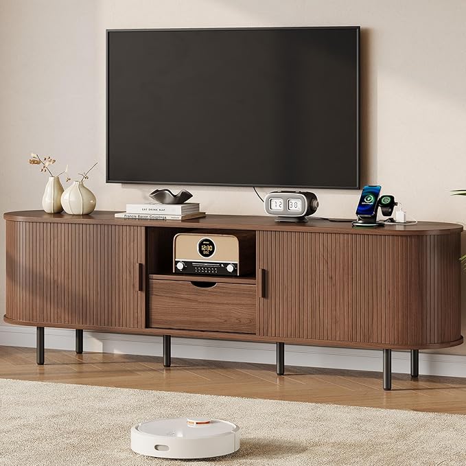 69" Mid-Century TV Stand with Power Outlet, Fluted Entertainment Center with Storage Drawer, TV Console with Sliding Door and Adjustable Shelves, TV Stand up to 80" for Living Room, Bedroom, Walnut