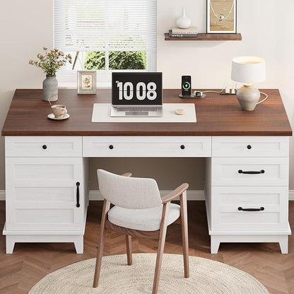 60" Executive Desk with Power Outlet, Home Office Desk with Drawers, Wooden Work Desk with File Cabinet, Computer Desk for Work, Study, Writing, White and Brown