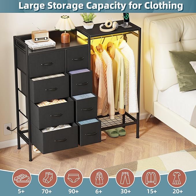 Dresser with Hanging Rack, 8-Drawer Dresser for Bedroom with Charging Station & LED Lights, Kids Dressers with Shoe Rack, Chest of Drawers with Wooden Top for Bedroom, Kids Room, Black, 11.8"D