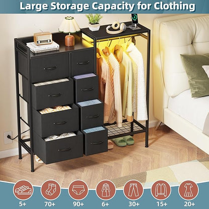Dresser with Hanging Rack, 8-Drawer Dresser for Bedroom with Charging Station & LED Lights, Kids Dressers with Shoe Rack, Chest of Drawers with Wooden Top for Bedroom, Kids Room, Black, 11.8"D