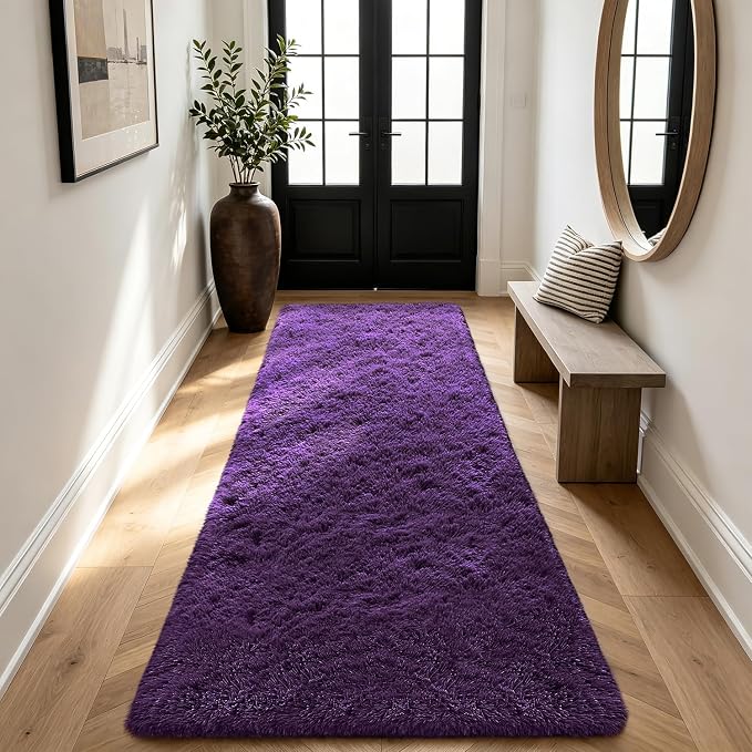 Shag Runner Rug for Bedroom Living Room 2x6 Upgrade Non-Slip Fluffy Soft Bedside Rugs,Purple Shaggy Purple Carpet for Livingroom Dorm Home Decor Aesthetic