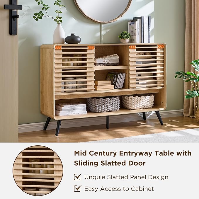OKD 46" Console Sofa Table with Sliding Slatted Door, Modern Wood Coffee Bar w/Adjustable & Open Storage Shelf, Buffet Sideboard for Kitchen, Living Room, Entryway, Hallway, Foyer, Natural Oak