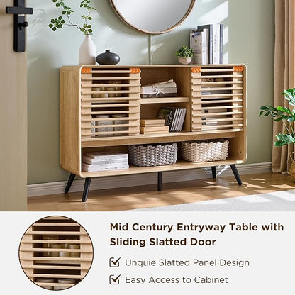 OKD 46" Console Sofa Table with Sliding Slatted Door, Modern Wood Coffee Bar w/Adjustable & Open Storage Shelf, Buffet Sideboard for Kitchen, Living Room, Entryway, Hallway, Foyer, Natural Oak