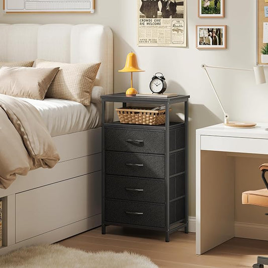 Huuger Night Stand with Charging Station, 4 Drawer Dresser for Bedroom, Bedside Table, 33.9 Inch Tall Nightstand with Open Shelf, End Table, for Closet, Entryway, Bedroom, Black