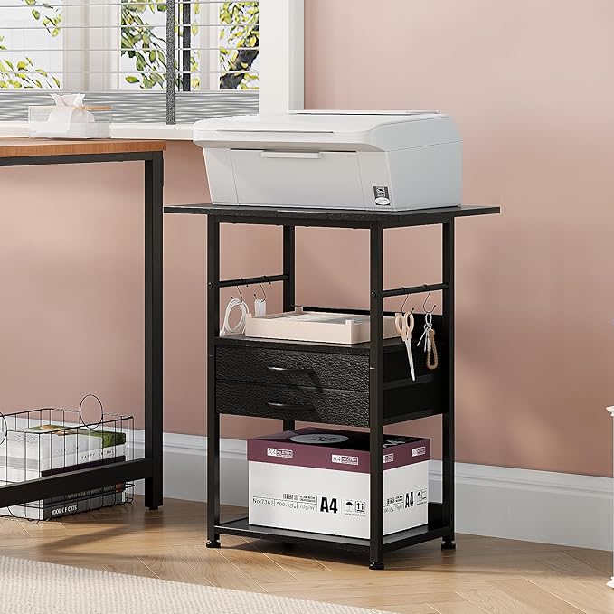 VENNQD Large Printer Stand with Storage Fabric Drawer Under Desk Printer Table with Wheels for Home Office, Printer Cart fit Fax Machine Scanner (Black, 3 Tiers)