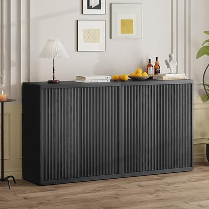 31” Sideboard Cabinet with Storage, Fluted Accent Cabinet with Adjustable Shelves, Modern Wood Credenza Cabinets with Pop-up Doors for Entryway Kitchen Living Room Hallway, Black 2pcs