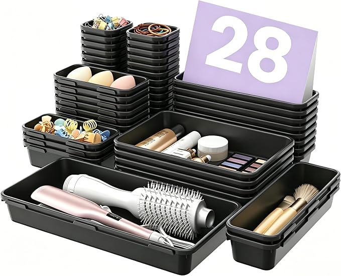 A-LuGei 【Military Grade Drawer Organizer, 【𝟱𝗦𝗶𝘇𝗲】 Makeup organizer, 【Holds 177 Items】 Bathroom Organizers and Storage, Organization and Storage, Desk Drawer Organizer for Vanity (Black)