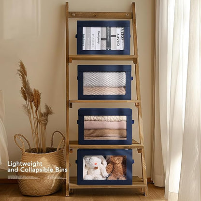 Homsorout Organizing Bins with Lid - 4 Pack Foldable Clear Window Storage Bins, Large Storage Boxes with Handles, Storage Containers for Clothes, Towel, Blanket, Sheet, Navy Blue