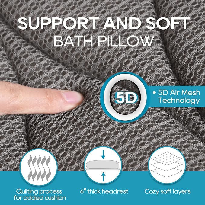 OMYSTYLE Full Body Bath Pillow, Bath Pillows for tub with Mesh Washing Bag & 21 Non-Slip Suction Cups, Spa Bathtub for Head Neck Shoulder and Back Support - 5D Air Mesh & Quick Drying | Gray