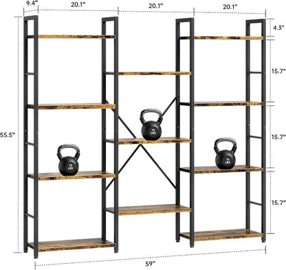 Shintenchi Triple Column 4 Tier Bookshelf, Industrial Large Bookcase Display Shelves, Large Etagere Bookshelf,Wide Book Shelf Book Case for Home & Office, Rustic Brown