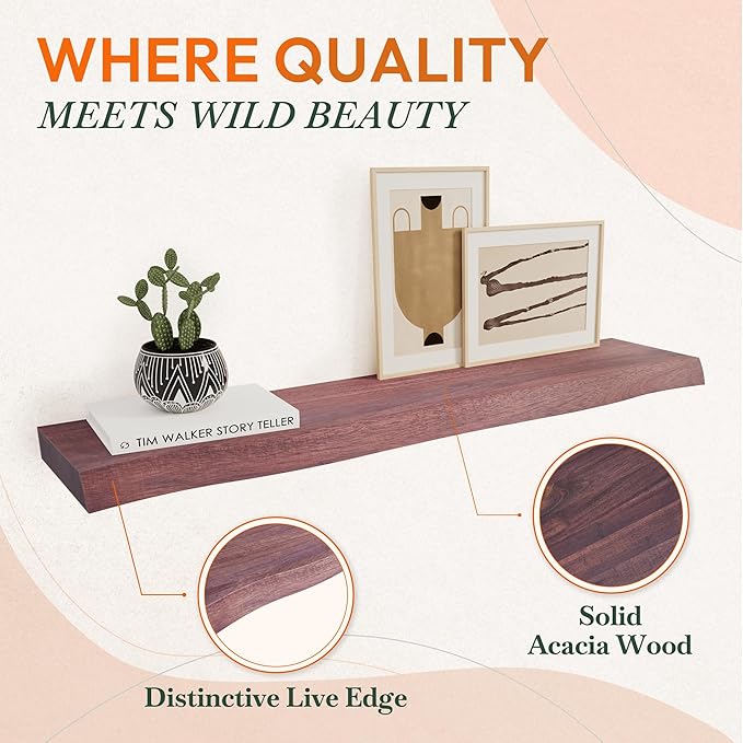 Howizz 36" Acacia Live Edge Floating Shelves Set of 2 - Wall Mounted Wooden Shelf for Stylish Home Décor - Cherry Color 36x7.5x1.5 Inches