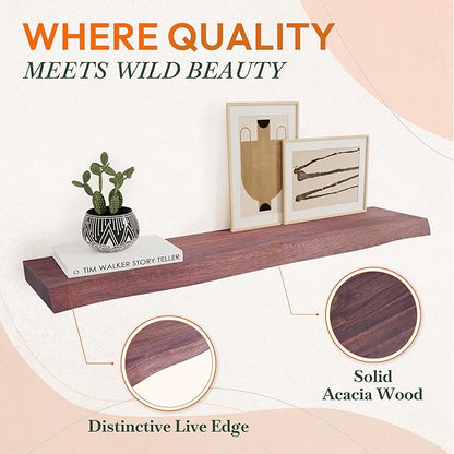 Howizz 36" Acacia Live Edge Floating Shelves Set of 2 - Wall Mounted Wooden Shelf for Stylish Home Décor - Cherry Color 36x7.5x1.5 Inches