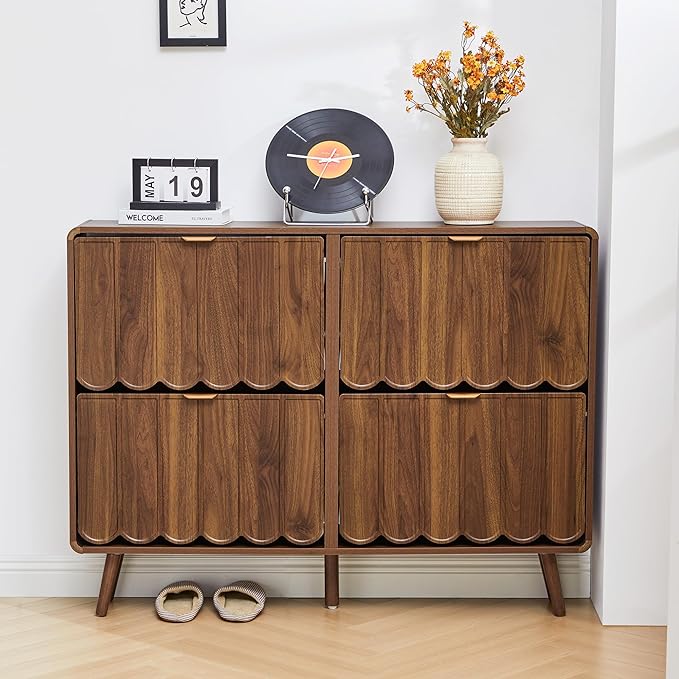 ORRD Shoe Storage Cabinet for Entryway with 4 Flip Drawers, Freestanding Narrow Wood Shoe Cabinet with Wave Panel, Hidden Shoe Organizer for Foyer, Hallway (Walnut)
