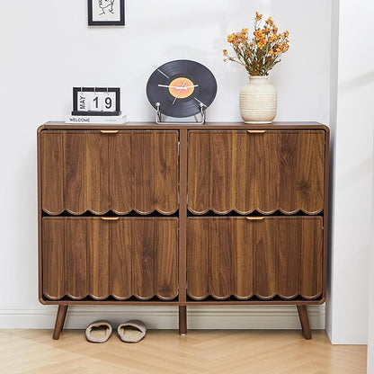 ORRD Shoe Storage Cabinet for Entryway with 4 Flip Drawers, Freestanding Narrow Wood Shoe Cabinet with Wave Panel, Hidden Shoe Organizer for Foyer, Hallway (Walnut)