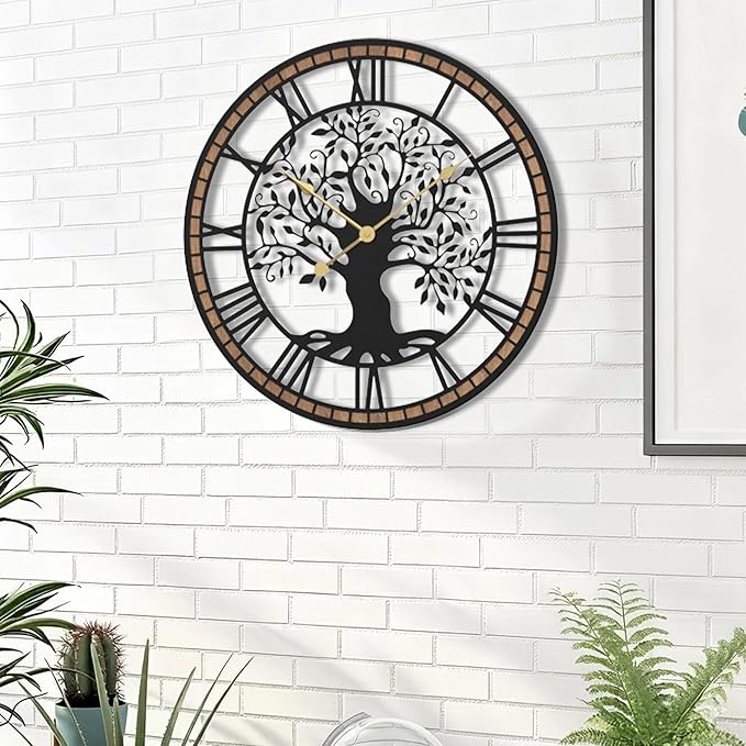 Micasso Non-Ticking Large Wall Clock: 21Inch Tree of Life Metal Black with Solid Wood Frame - Battery Operated Silent Clock for Living Room/Office/Bedroom/Kitchen - Home Decor for Trendy Fashionistas