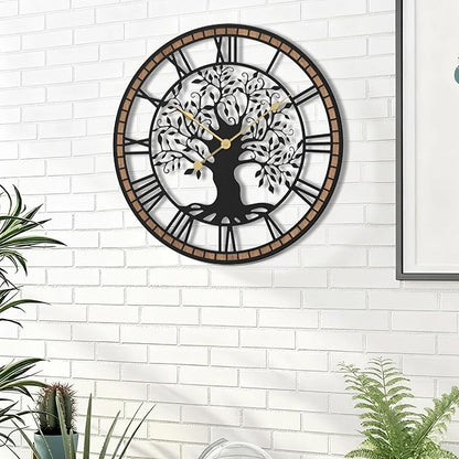Micasso Non-Ticking Large Wall Clock: 21Inch Tree of Life Metal Black with Solid Wood Frame - Battery Operated Silent Clock for Living Room/Office/Bedroom/Kitchen - Home Decor for Trendy Fashionistas