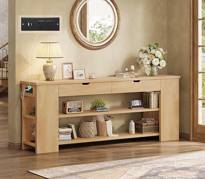 71.8" Extra Long Console Table, Farmhouse Sofa Table with Generous Storage and Built-in Outlet, Sturdy Entryway Table for Living Room, Entrance, Hallway, Foyer, Natural Wood