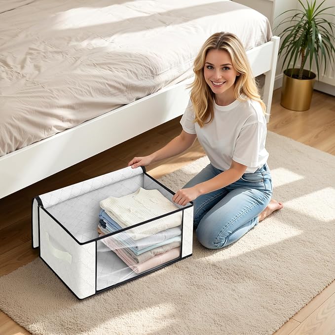 Fab totes 35L Closet Organizers and Storage, Foldable Under Bed Storage Containers, Storage bags for Organizing Bedroom, Closet, Clothing,Organization with Handle (8 Pack,Ivory)