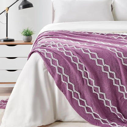 BOURINA Fluffy Chenille Knitted Fringe Throw Blanket Lightweight Soft Cozy for Bed Sofa Chair Throw Blankets Deep Purple 50" x 60"