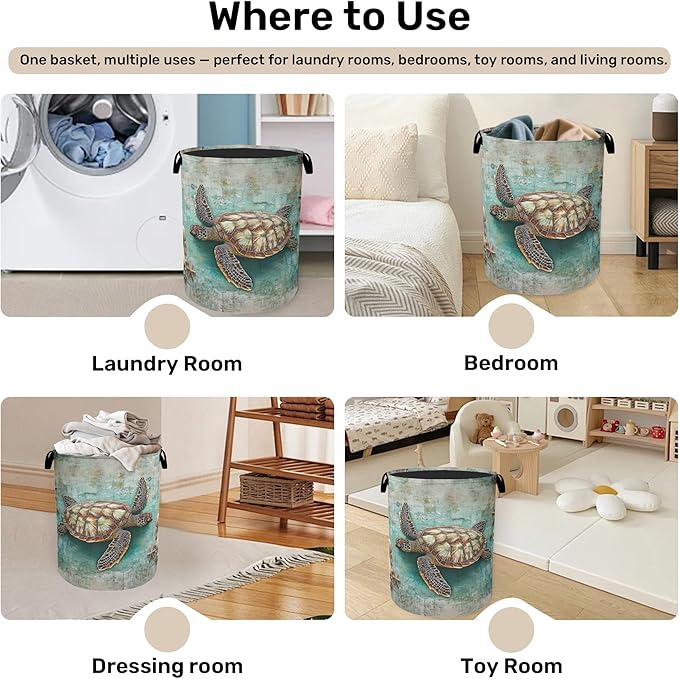 Retro Map Turtle Large Clothes Hamper Bag - Laundry Basket with Handles, Space Saving Foldable Design for Nursery