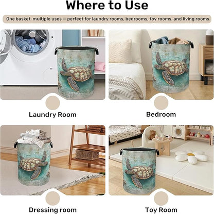 Retro Map Turtle Large Clothes Hamper Bag - Laundry Basket with Handles, Space Saving Foldable Design for Nursery