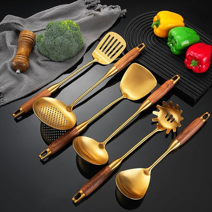 Gold Kitchen Utensils Set with Wooden Handle, 6 PCS Professional 18/10 Stainless Steel Cooking Utensils Set, Wok Spatula, Ladle, Skimmer, Slotted Spatula Turner, Spaghetti Spoon, Large Spoon
