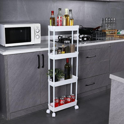 Sooyee 4 Tier Slim Storage Cart Mobile Shelving Unit Organizer Slide Out Storage Rolling Utility Cart Tower Rack for Kitchen Bathroom Laundry Narrow Places, Plastic & Stainless Steel, White