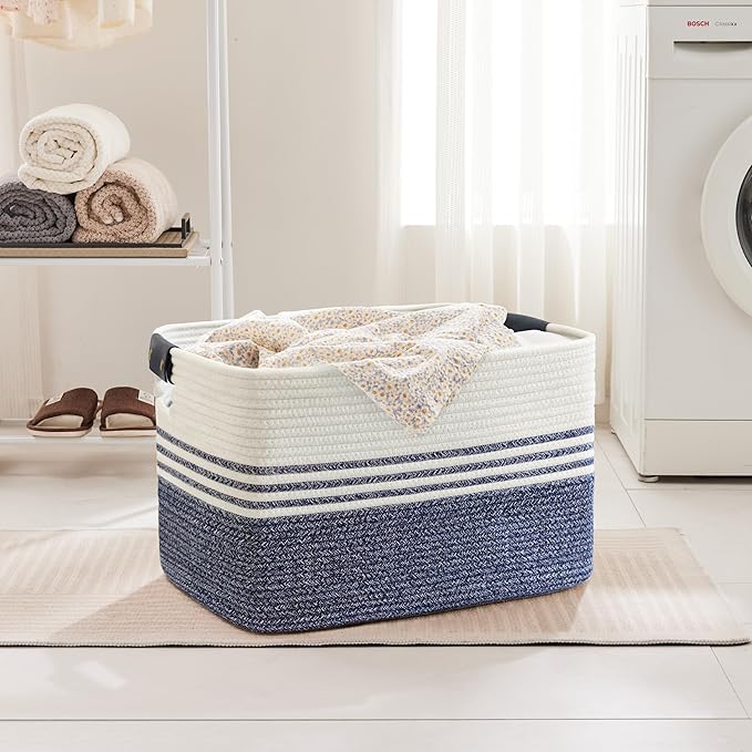 SunNewt 86L Extra Large Laundry Basket with Leather Handles for Living Room Storage, Woven Rope Baskets for Blanket, Kids Toy, Gifts, Wicker Hamper for Bedroom Dirty Clothes, 24"x16"x14" Denim Blue