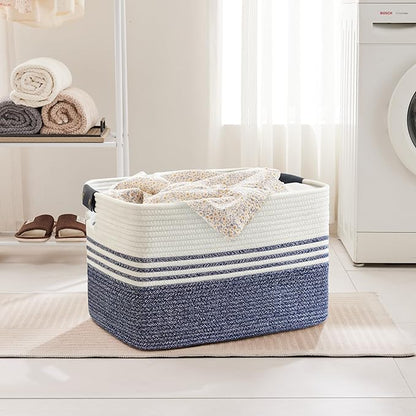 SunNewt 86L Extra Large Laundry Basket with Leather Handles for Living Room Storage, Woven Rope Baskets for Blanket, Kids Toy, Gifts, Wicker Hamper for Bedroom Dirty Clothes, 24"x16"x14" Denim Blue