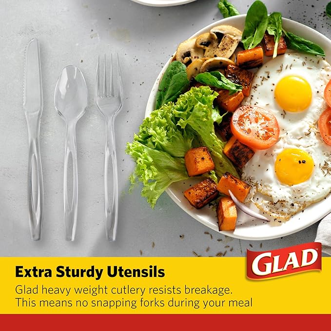 Glad Disposable Cutlery Set - Clear Heavy Duty Plastic Forks, Knives, and Spoons - 240 Piece Plasticware for Parties - Durable, Sturdy Recyclable Utensils - Great for July 4th, Thanksgiving, Christmas