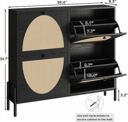 IRONCK Rattan Shoe Cabinet Storage with 4 Flip Drawers, Freestanding Shoe Storage Organizer Cabinet for Entryway, Narrow Shoe Rack Cabinet, Matte Black
