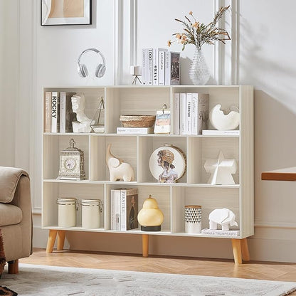LEYAOYAO 10 Cube Bookshelf, 3 Tier Vintage 55" Wide Bookcase with Legs, Mid-Century Bookshelves Storage, Light Grey White Large Book Case, Freestanding Organizer Display Shelf for Living Room, Office