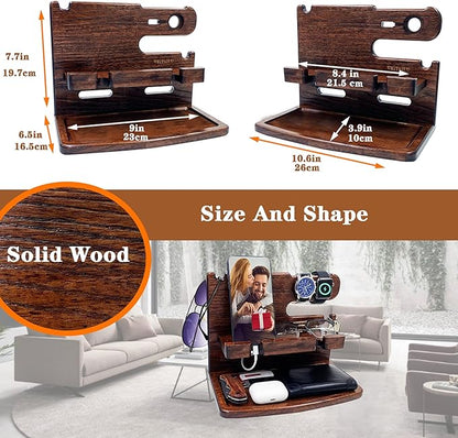 VEIYAILU Gifts for Men Women Dad Husband Boyfriend Wood Phone Docking Station Nightstand Organizer for Men Birthday Gifts (Dark Brown)