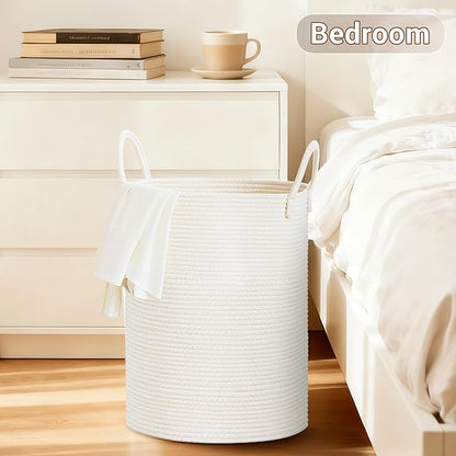 Tall Laundry Basket with Handles, 58L Portable Dirty Clothes Hamper, Boho Cotton Rope Storage Bin for Blankets Kids Toys Gifts, Decorative Organizer for Baby Nursery Bedroom Bathroom, White