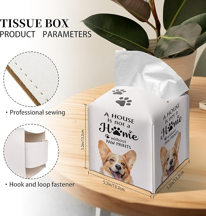 Grace Yonks Cute Corgi Tissue Box Cover Square, Corgi Dog Cube Case for Facial Tissues, 5.2" PU Leather(040)