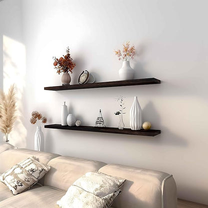 YYWUOJJ Wood Floating Shelves for Wall Decor, Rustic Wall Shelves for Bedroom Bathroom Kitchen Living Room, Set of 4 Walnut 48 Inch