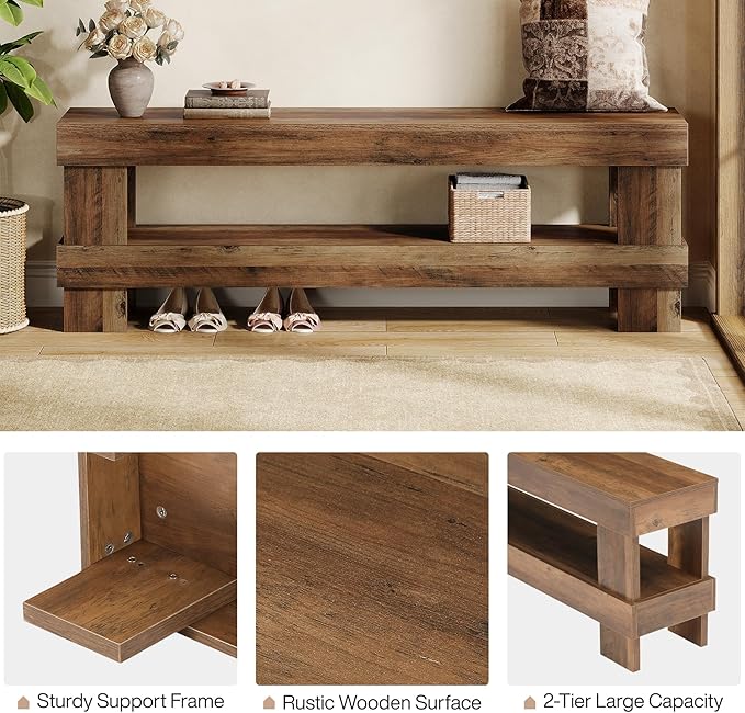 Tribesigns Farmhouse Entryway Bench, 59-Inch Long Shoe Bench Seat with Open Storage Shelf, 2-Tier Narrow End of Bed Benches for Bedroom, Entryway, Hallway, Indoor, Living Room (Rustic Brown)