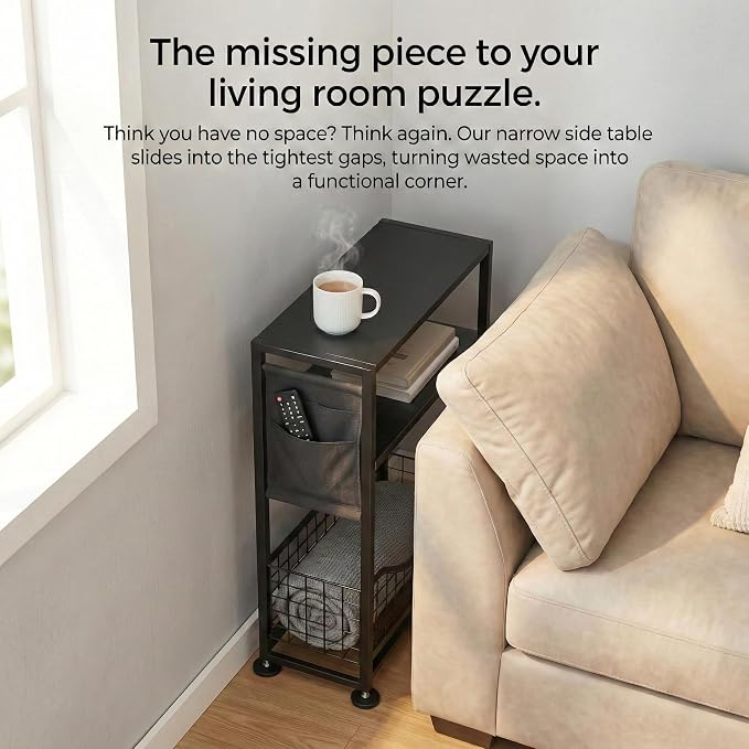 Skinny Side Table with Storage, 3 Tier Slim Side Tables for Small Spaces, Skinny End Table Narrow Bedside Table Narrow Side Table for Living Room, Bedroom