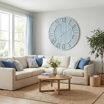 EMAX HOME Large Farmhouse Wall Clock 30 Inch Vintage Blue Wooden Wall Clock with Quiet Ticking and Minimalist Roman Numerals for Bedroom Living Room Office Kitchen Home Decor, Battery Operated