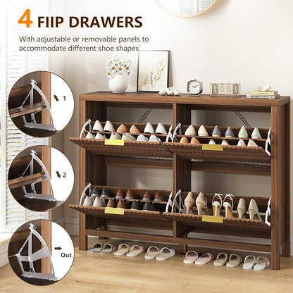 Shoe Cabinet Storage for Entryway, Fluted Shoe Cabinet with 4 Flip Drawers, Hidden Shoe Rack Freestanding Wooden Shoe Organizer with Legs for Hallway, Walnut