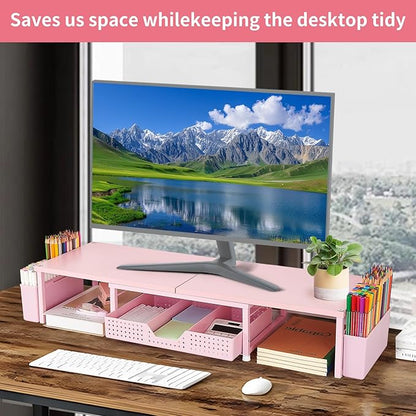 OPNICE Wood Desk Organizers and Accessories, Dual Monitor Stand Riser with Drawer and 2 Pen Holders, Desk Shelf Computer Racks for Office Workspace Organizers, Desktop Organization (Pink)