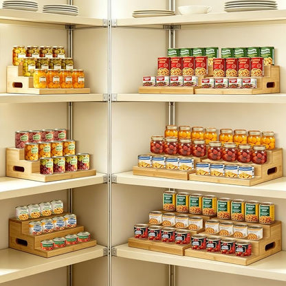 2 Pack Bamboo Expandable Can Rack Organizer for Pantry, Stackable 3 Tier Canned Food Organizers and Storage, Kitchen Cabinet, Food Can Holders Dispensers for Pantry Up To 48 Cans