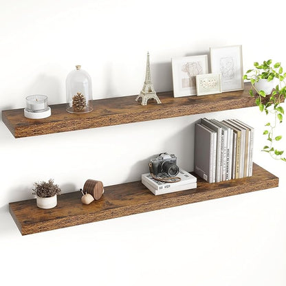 Acovy 40 Inch Floating Shelves, 8 Inch Deep Floating Shelves for Wall, Hanging Shelf with Invisible Brackets, Deep Shelves for Bathroom, Bedroom, Living Room, Brown, Set of 2