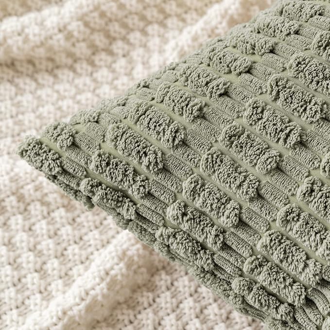 MIULEE Pack of 2 Corduroy Decorative Lumbar Throw Pillow Covers 20x12 Inch Soft Boho Striped Pillow Covers Modern Farmhouse Home Decor for Summer Sofa Living Room Couch Bed Light Olive Green