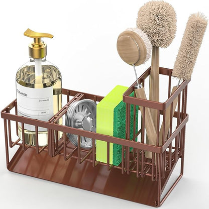 Cisily Kitchen Sink Caddy - Sponge Holder and Organizer with High Brush Holder, Rustproof 304 Stainless Steel Sink Accessories (Brown)