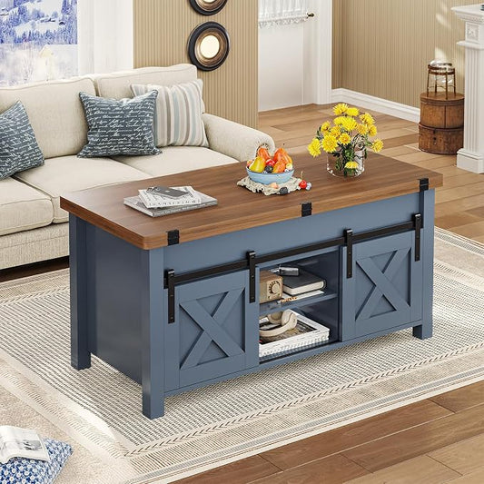 SEDETA Lift Top Coffee Table, 4 in 1 Multi-Function Convertible Coffee Tables with Storage and Hidden Compartment, Farmhouse Coffee Table Converts to Dining Table for Living Room, Blue