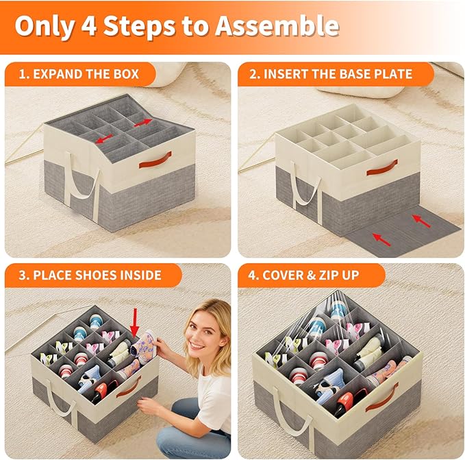 Aokeyee Shoe Organizer for Closet, 2 Pack Foldable Shoe Storage Organizer Box w/Clear Cover and Reinforced Handles, Space Saving Shoes Bin Fits up to 16-32 Pairs, Beige and Grey