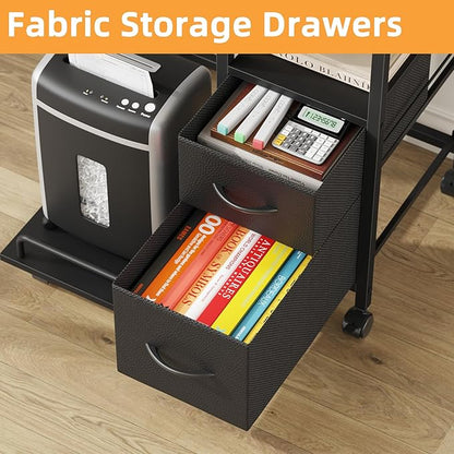 YAOHUOO Printer Stand with Power Outlet/Fabric Drawers, Printer Cabinet with Storage Shelf and Rolling Shredder Stand, Printer Table for Home Office, 22.8"×15" Black